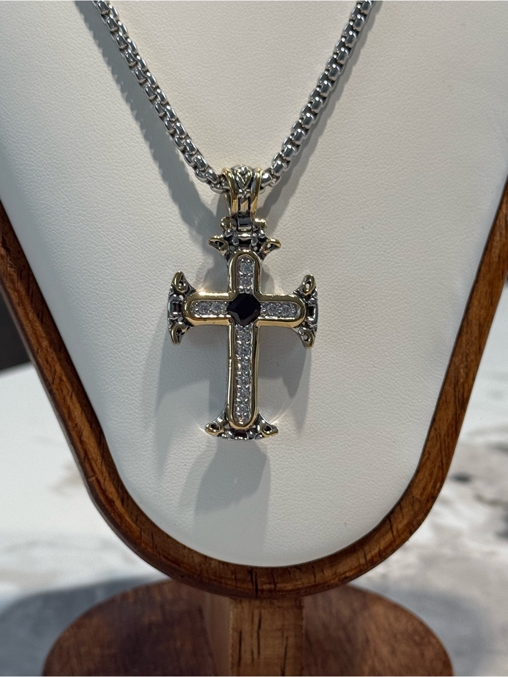 Gold and Silver Cross Pendant Necklace with Black Center Stone by John Medeiros